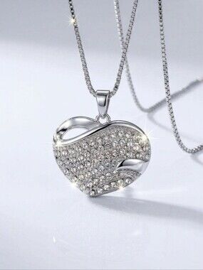 Swarovski Crystal Pavé 3D Sculptural Heart Statement Pendant Necklace Silver